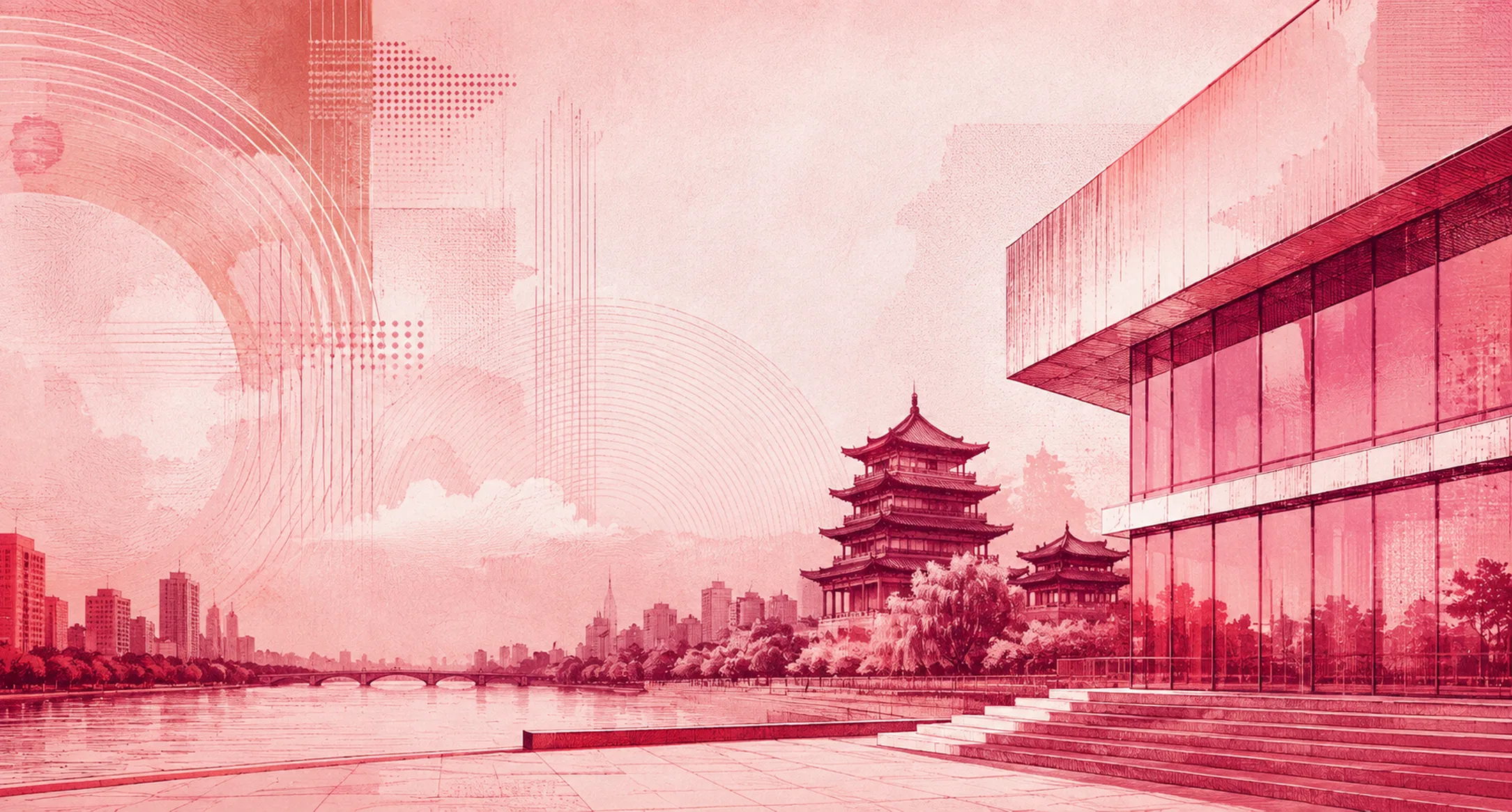 Illustration in Rot- und Rosétönen: modernes Glasgebäude und traditionelle koreanische Pagode an einem Flussufer